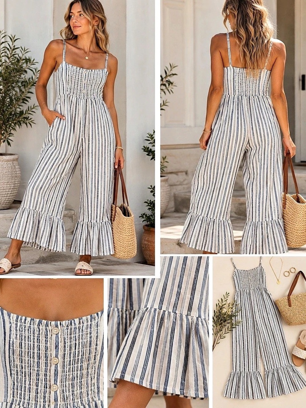 Love Shack Fancy Striped Cotton Jumpsuit in White & Blue Size 2 Like New
